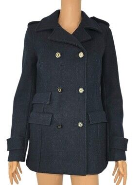Tory Burch Wool Double Breasted Navy Blue Pea Coat Gold Buttons Pockets Size 2